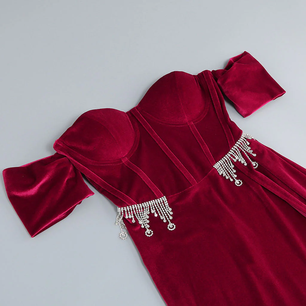 Luxury Crystal Embellished Off The Shoulder Sweetheart Corset Split Maxi Velvet Dress - Image 3