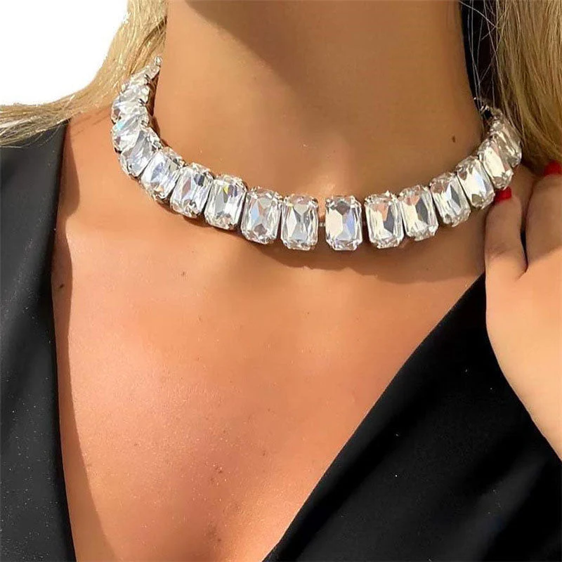 Luxury Emerald Cut Crystal Embellished Silver Plated Tennis NeckLace - White - Image 2