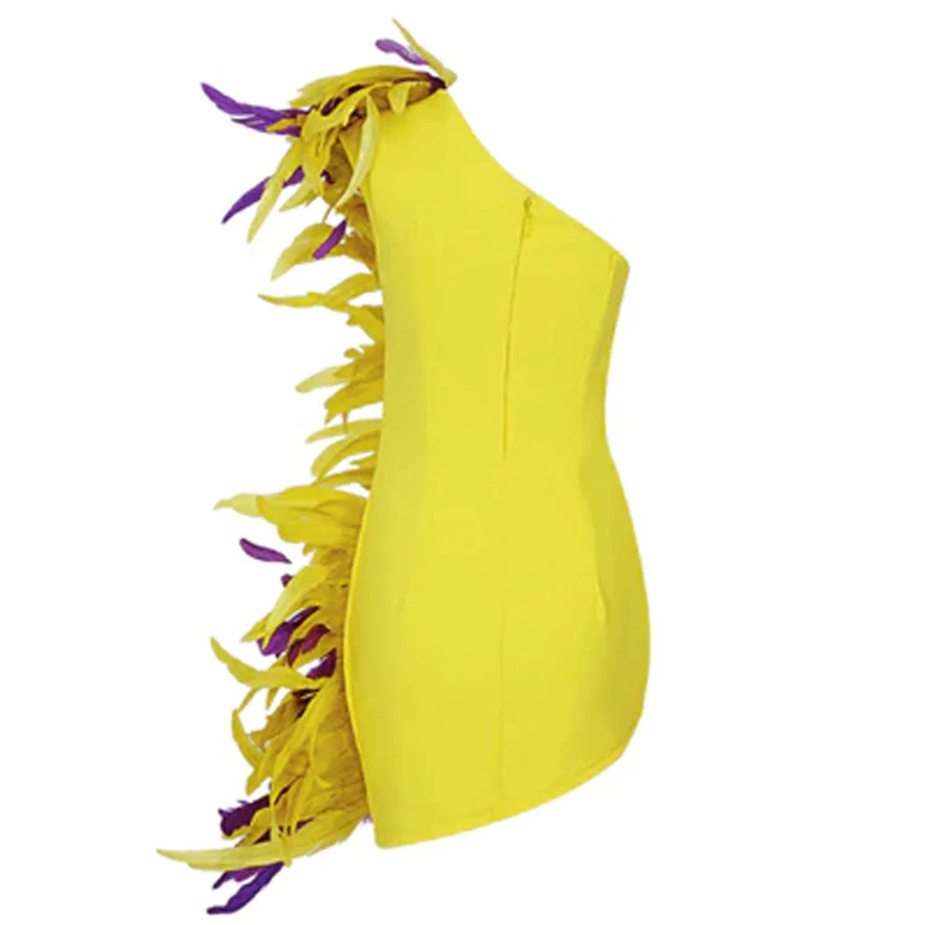 Luxury Feather Trim One Shoulder Crepe Mini Dress - YelLow - Image 5
