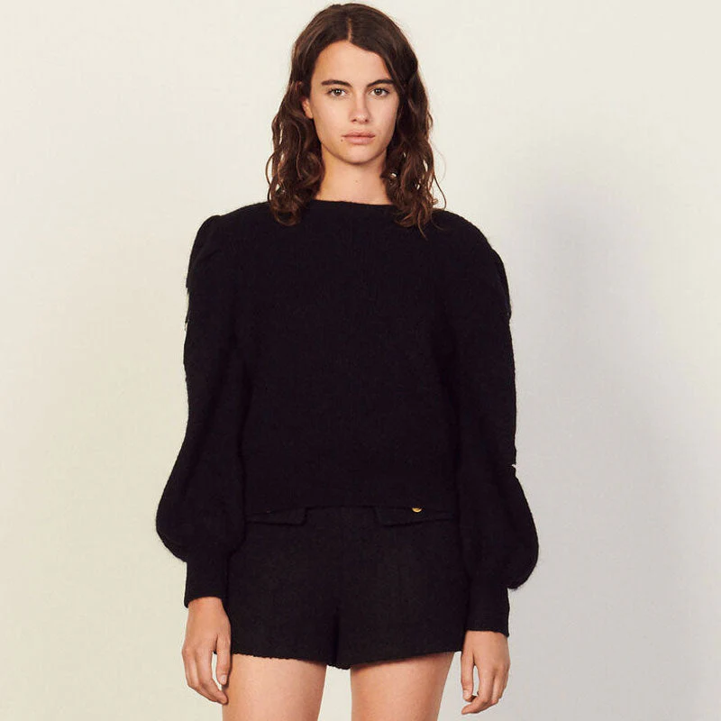 Luxury Floral Print Long Sleeve Mohair Knit Pullover Sweater - Black - Image 2