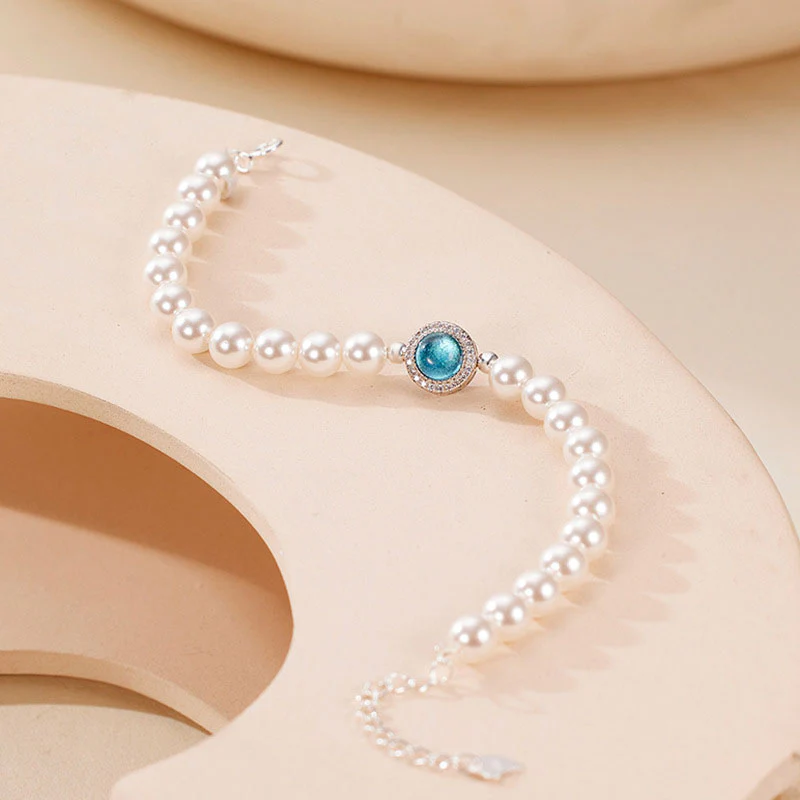 Luxury Freshwater Pearl Cubic Zirconia Aquamarine Crystal Charm Bracelet - Image 2