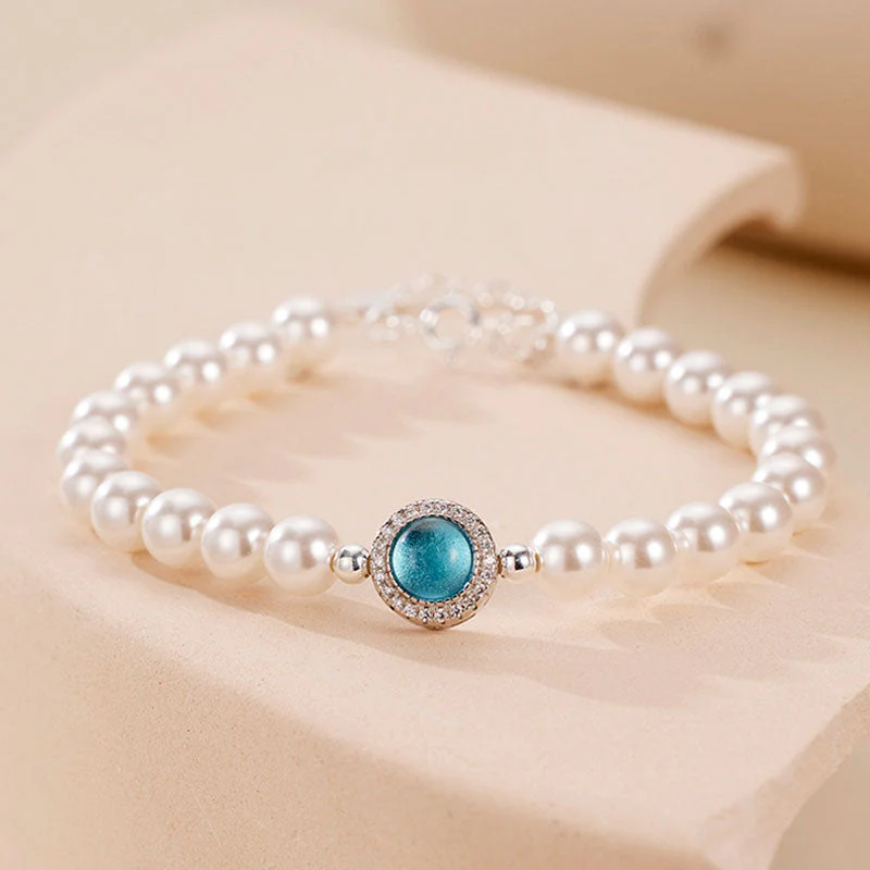 Luxury Freshwater Pearl Cubic Zirconia Aquamarine Crystal Charm Bracelet - Image 3