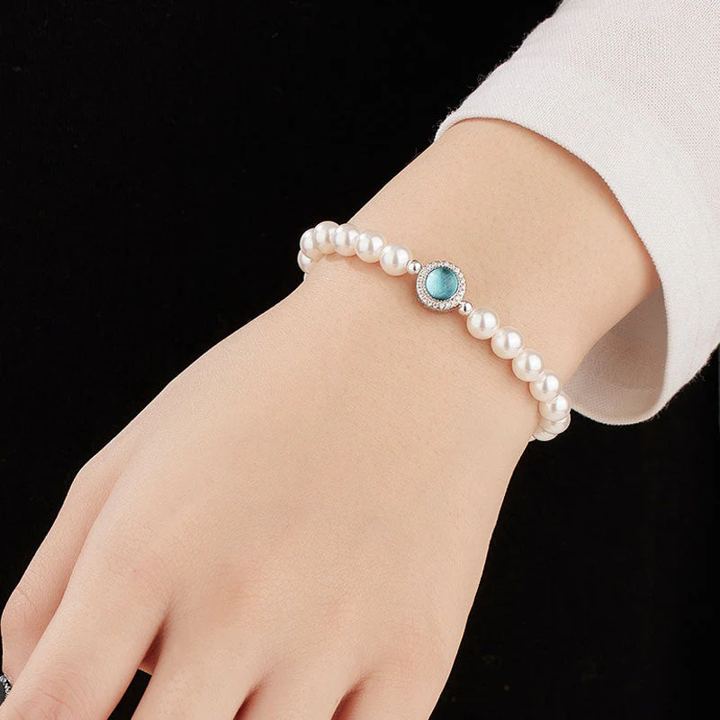 Luxury Freshwater Pearl Cubic Zirconia Aquamarine Crystal Charm Bracelet - Image 4