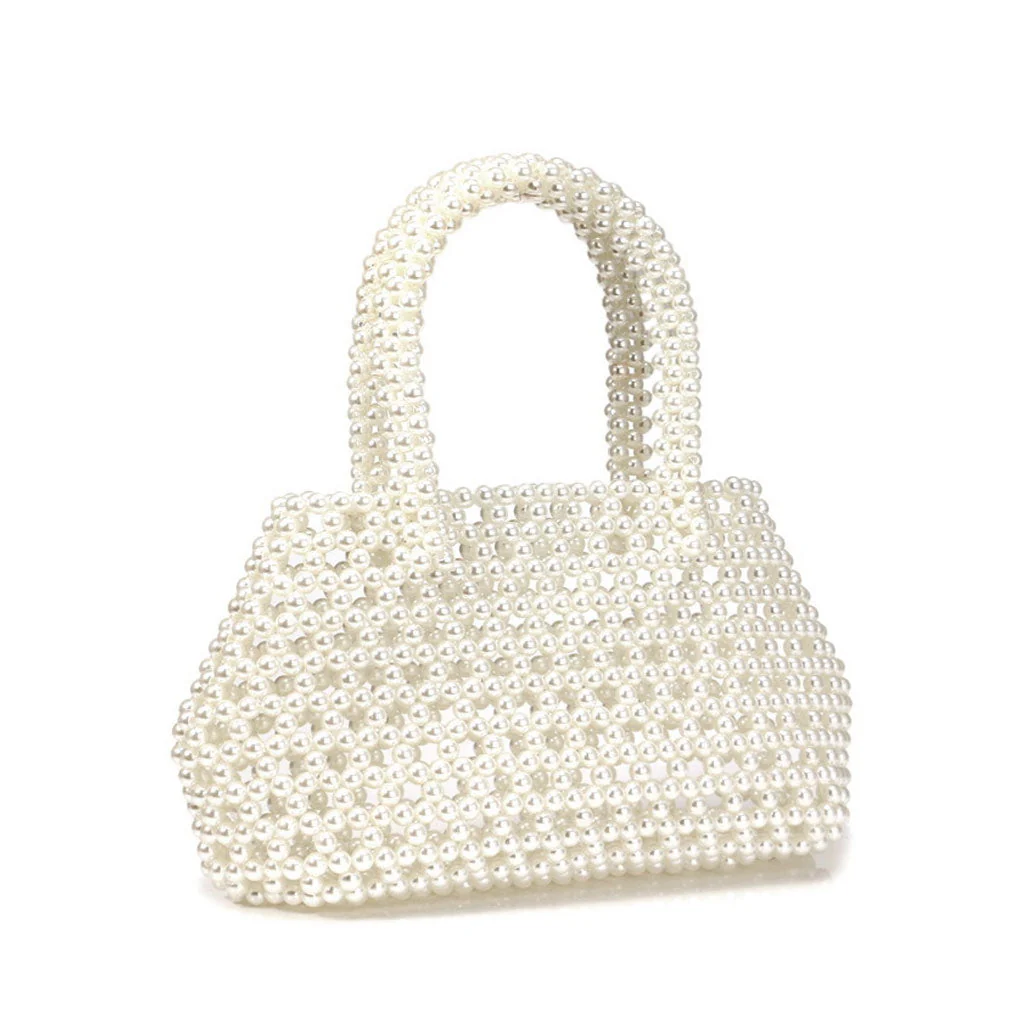 Luxury Geometric Top Handle Pearl Beaded Evening Clutch Bag - White - Image 2