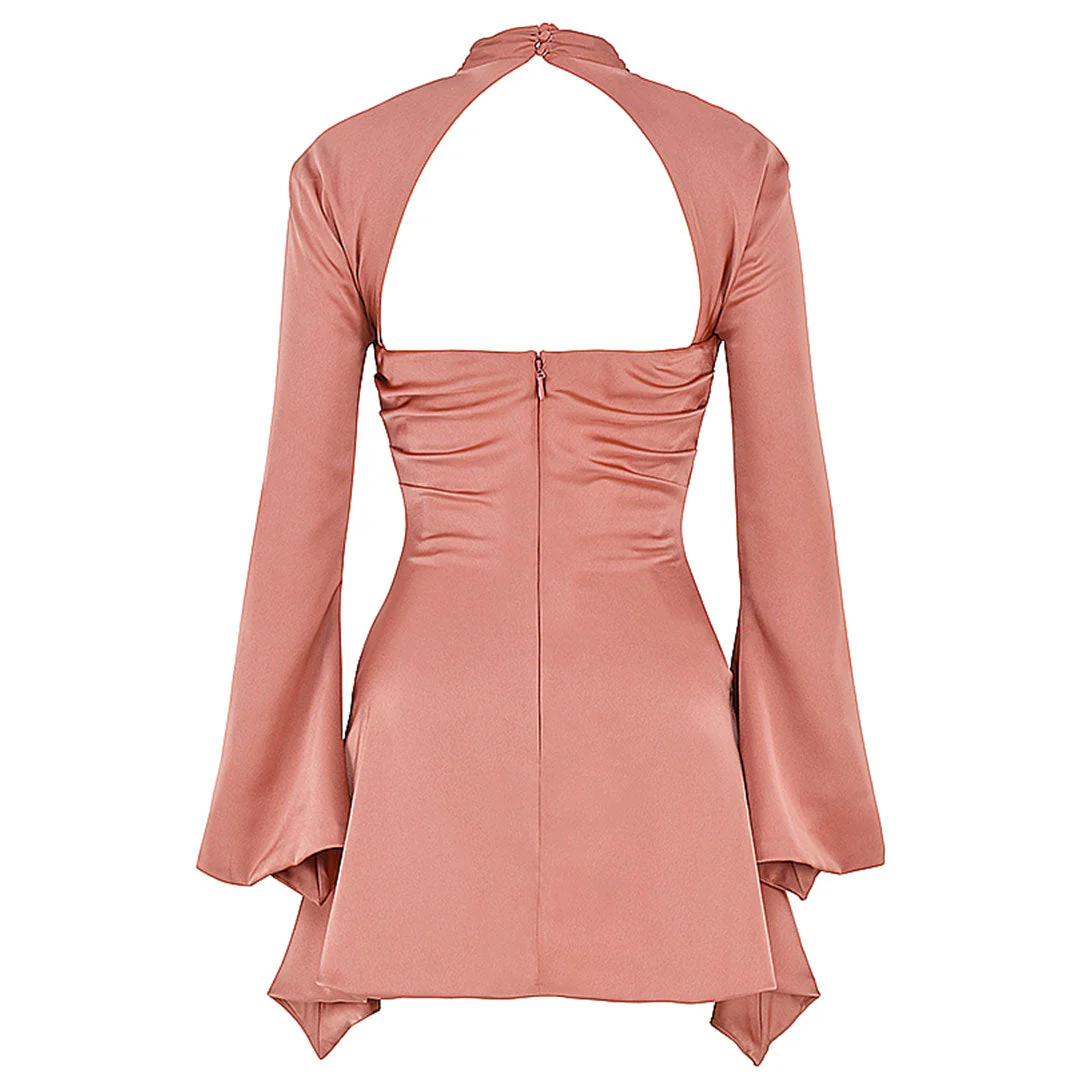 Luxury High Neck Cut Out Long Sleeve Draped Satin Mini Dress - Pink - Image 4