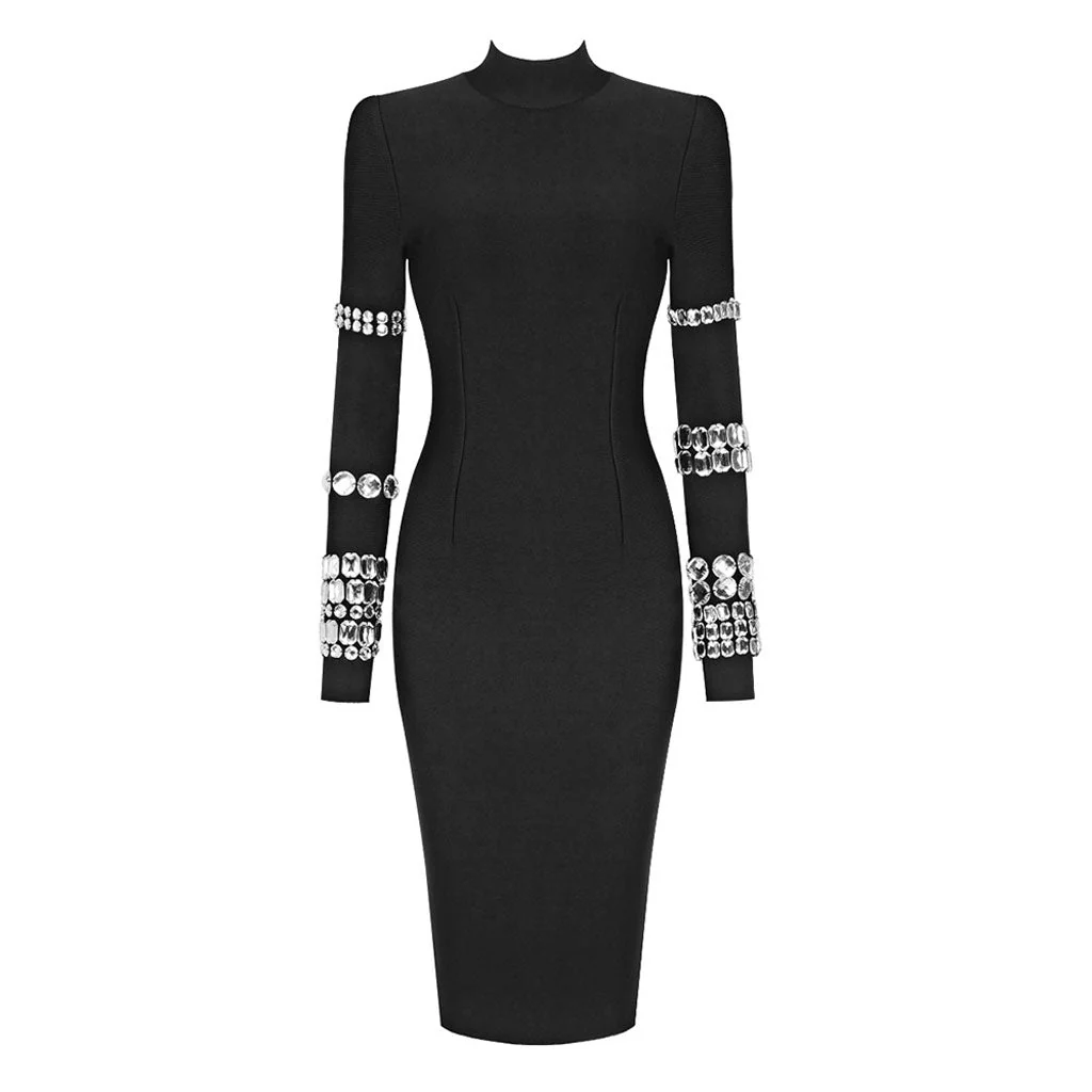 Luxury High Neck Long Sleeve Crystal Bodycon Bandage Midi Cocktail Dress - Image 4