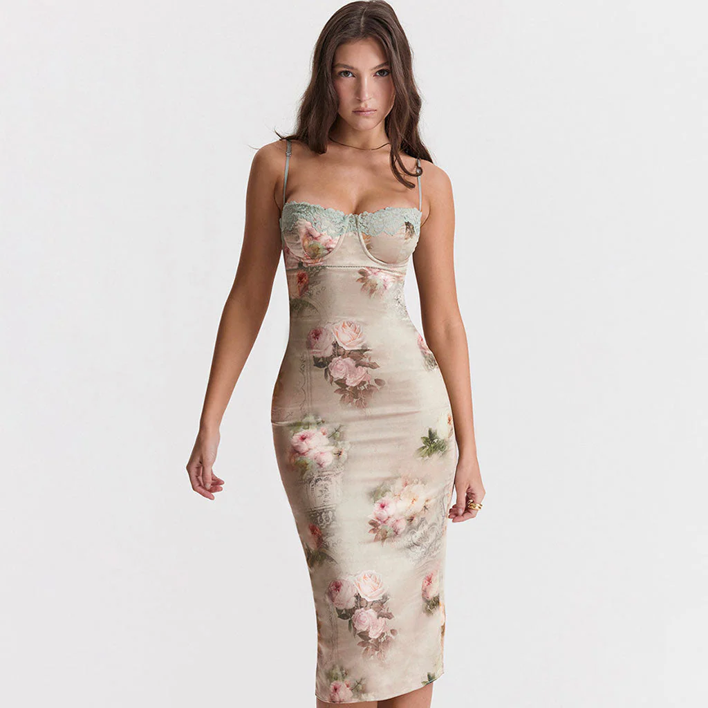 Luxury Lace Trim Bustier Spaghetti Strap Floral Print Bodycon Midi Satin Dress - Image 4