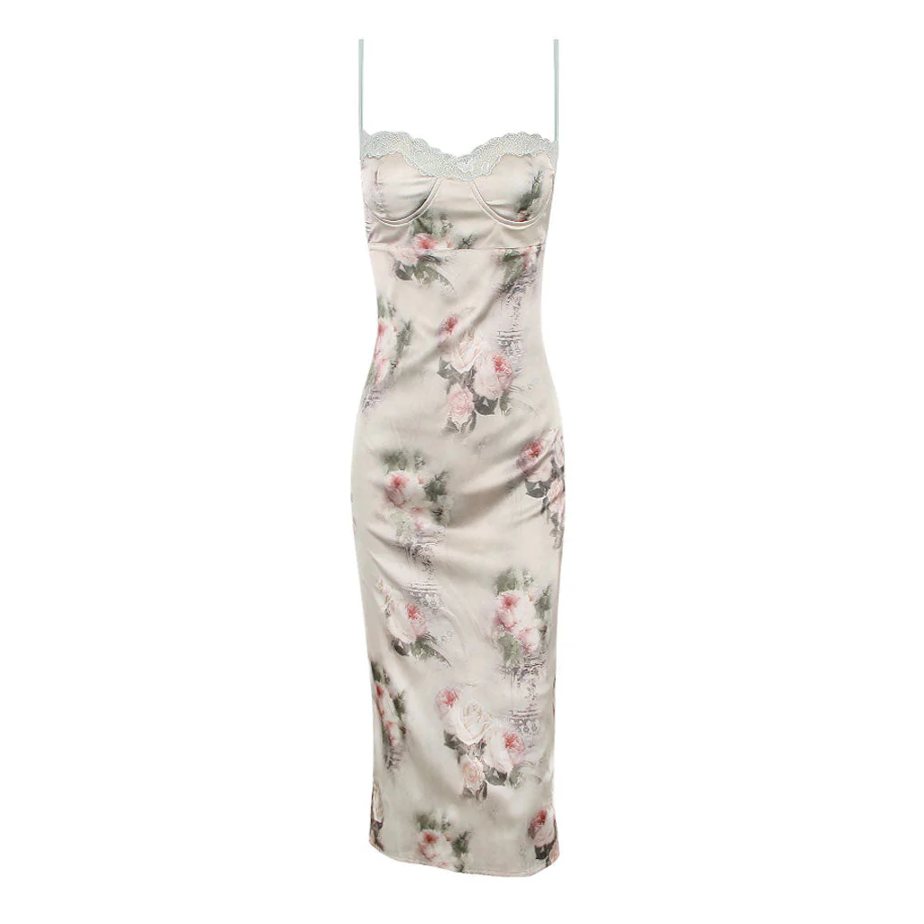 Luxury Lace Trim Bustier Spaghetti Strap Floral Print Bodycon Midi Satin Dress - Image 6