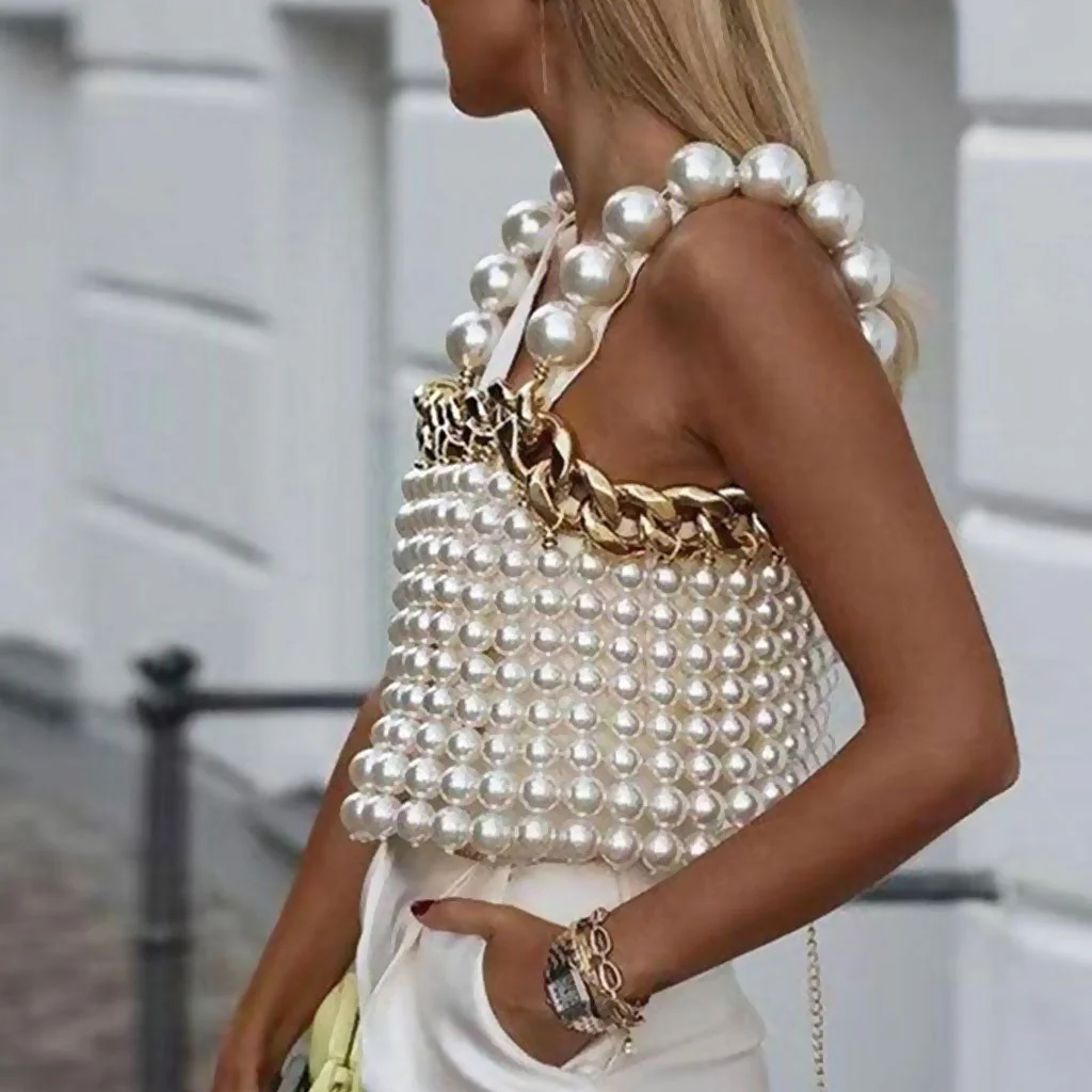Luxury Metal Chain Oversized Imitation Pearl Beaded Backless Crop Top - White - Image 4
