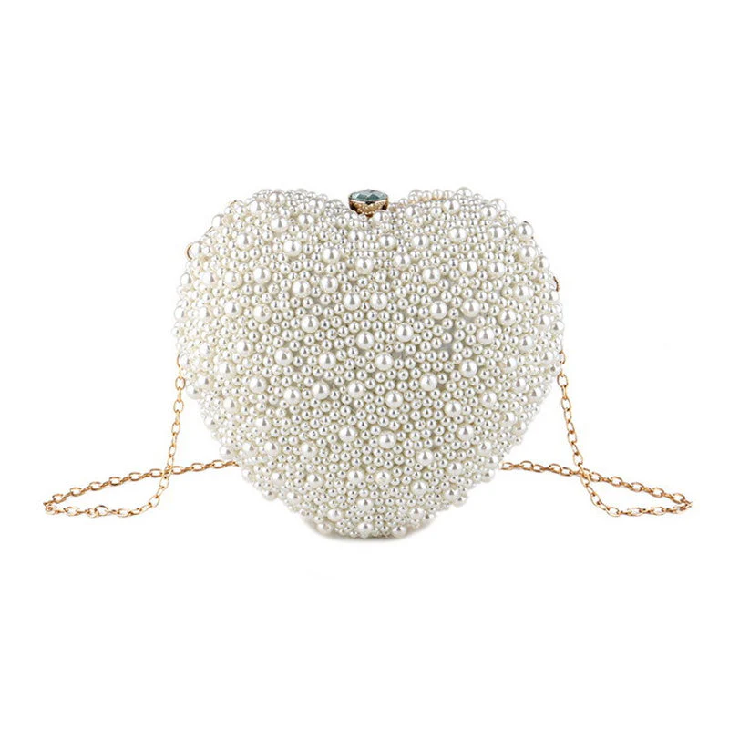 Luxury Metal Handle Pearl Beaded Heart Shaped Clutch Bag - Beige - Image 2
