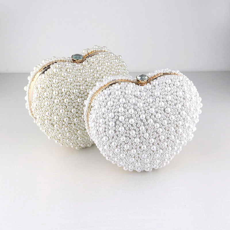 Luxury Metal Handle Pearl Beaded Heart Shaped Clutch Bag - White - Image 3