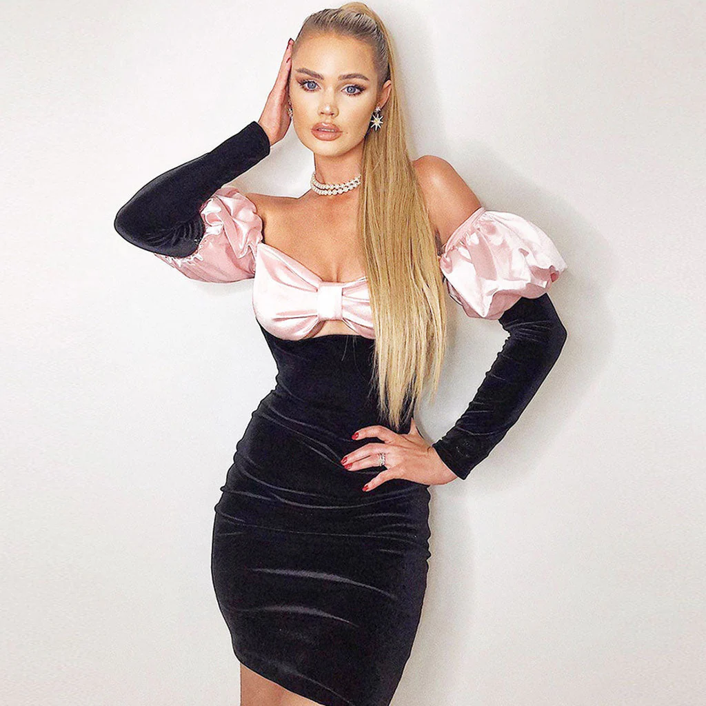 Luxury Off Shoulder Puff Sleeve Knot Front Velvet Mini Dress - Black - Image 2