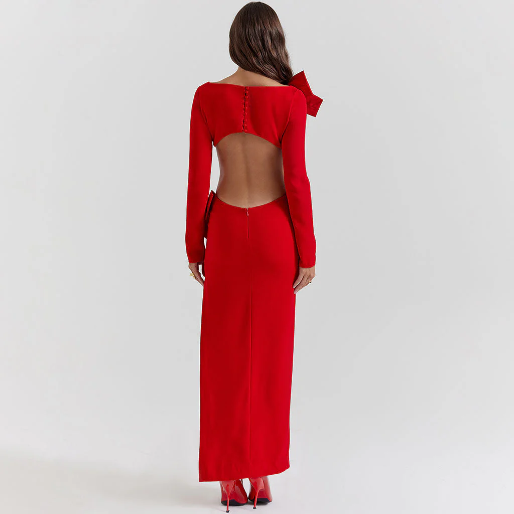 Luxury Oversized Bow Boat Neck Bodycon Long Sleeve Thigh Split Cut Out Maxi Dress - Image 6