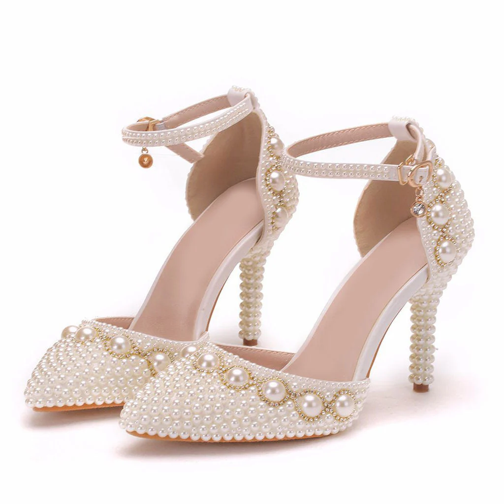 Luxury Pearl Embellished Ankle Strap Pointed Toe Stiletto Sandals - Beige - Image 2