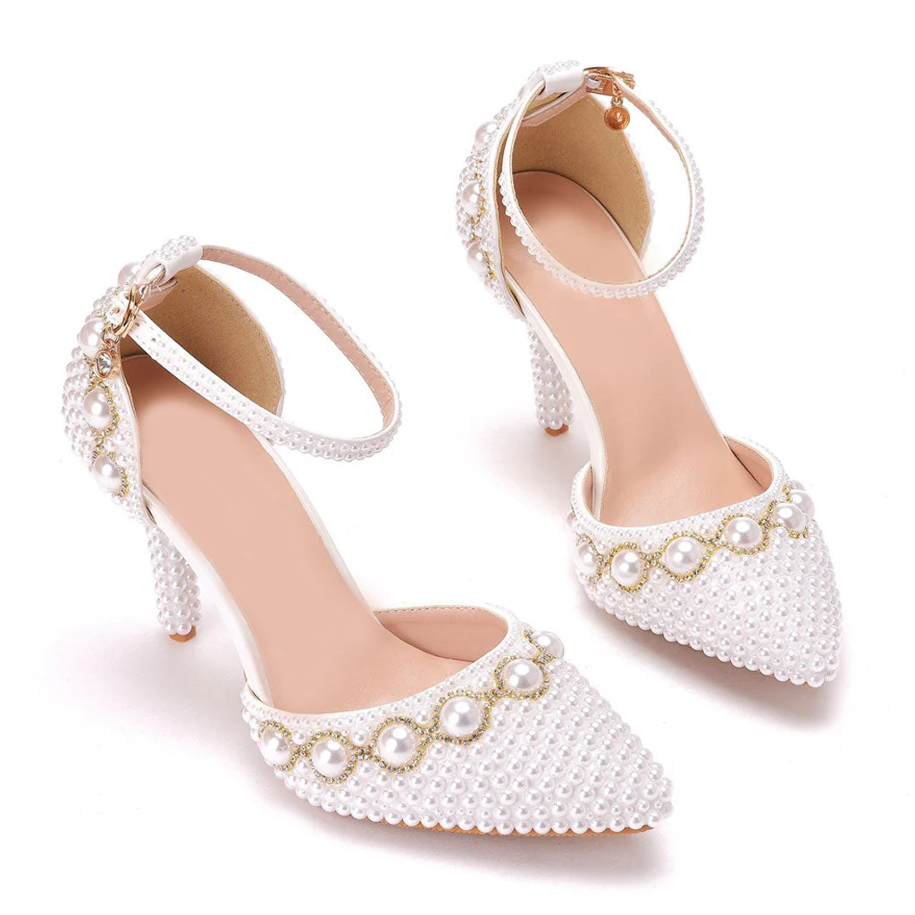 Luxury Pearl Embellished Ankle Strap Pointed Toe Stiletto Sandals - White - Image 2
