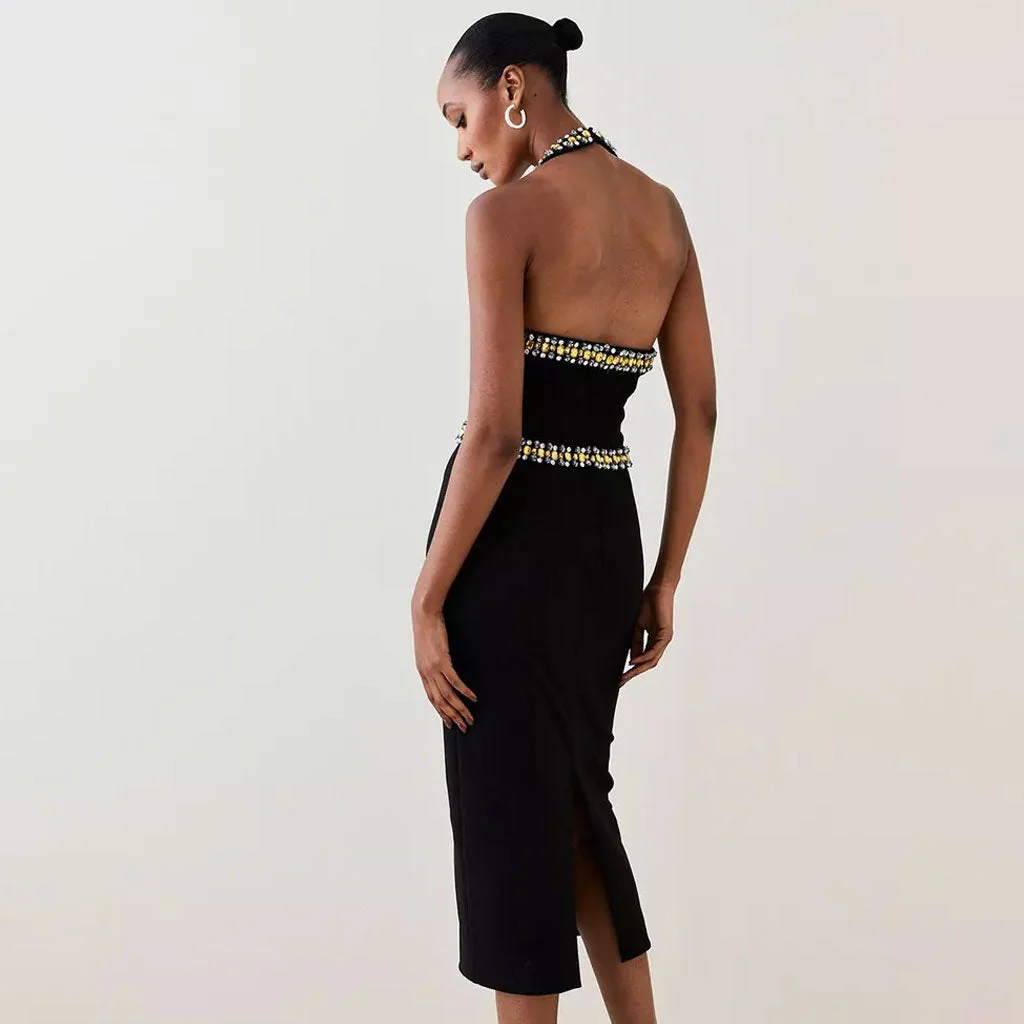 Luxury Rhinestone Embellished Halter Neck Open Back Bandage Midi Cocktail Dress - Image 2
