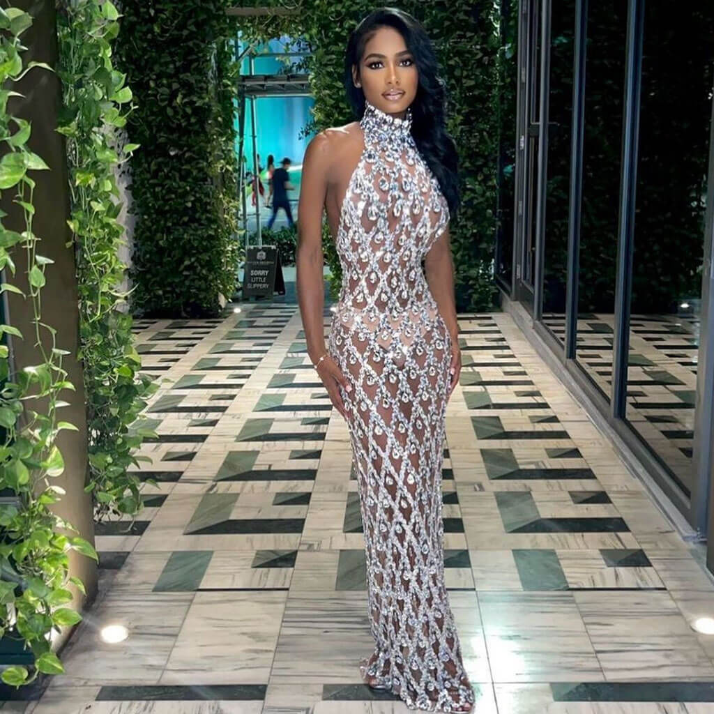 Luxury Rhinestone Embellished High Neck Bodycon Mesh Maxi Evening Dress - Image 5
