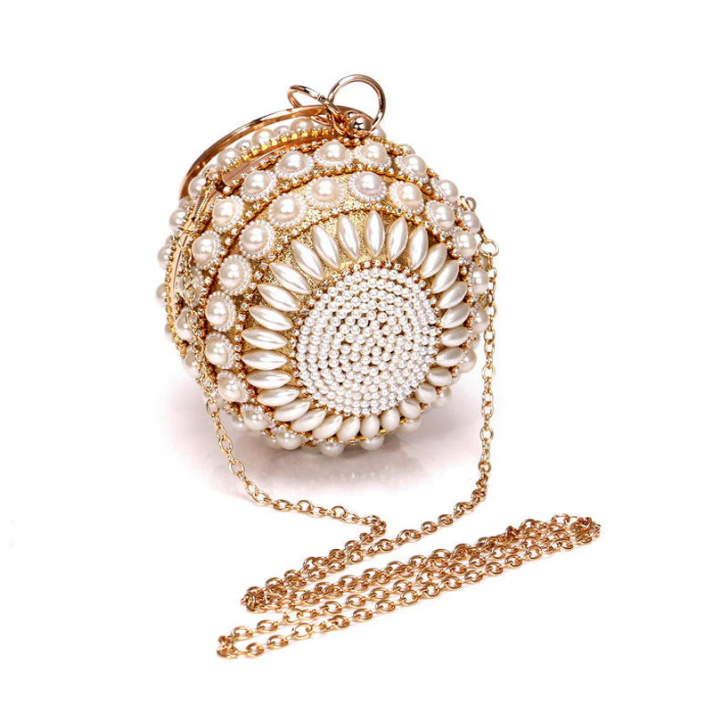 Luxury Rhinestone Embellished Metal Handle Round Pearl Clutch - Gold - Image 3