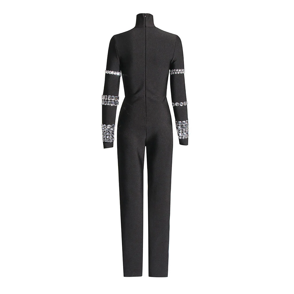 Luxury Rhinestone High Neck Long Sleeve Bodycon Bandage Jumpsuit - Image 2