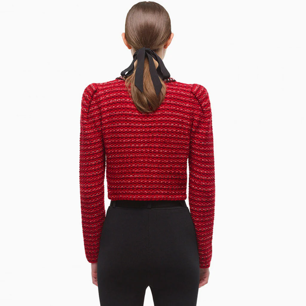 Luxury Scoop Neck Long Sleeve Double Breasted Cropped Cardigan - Red - Image 2