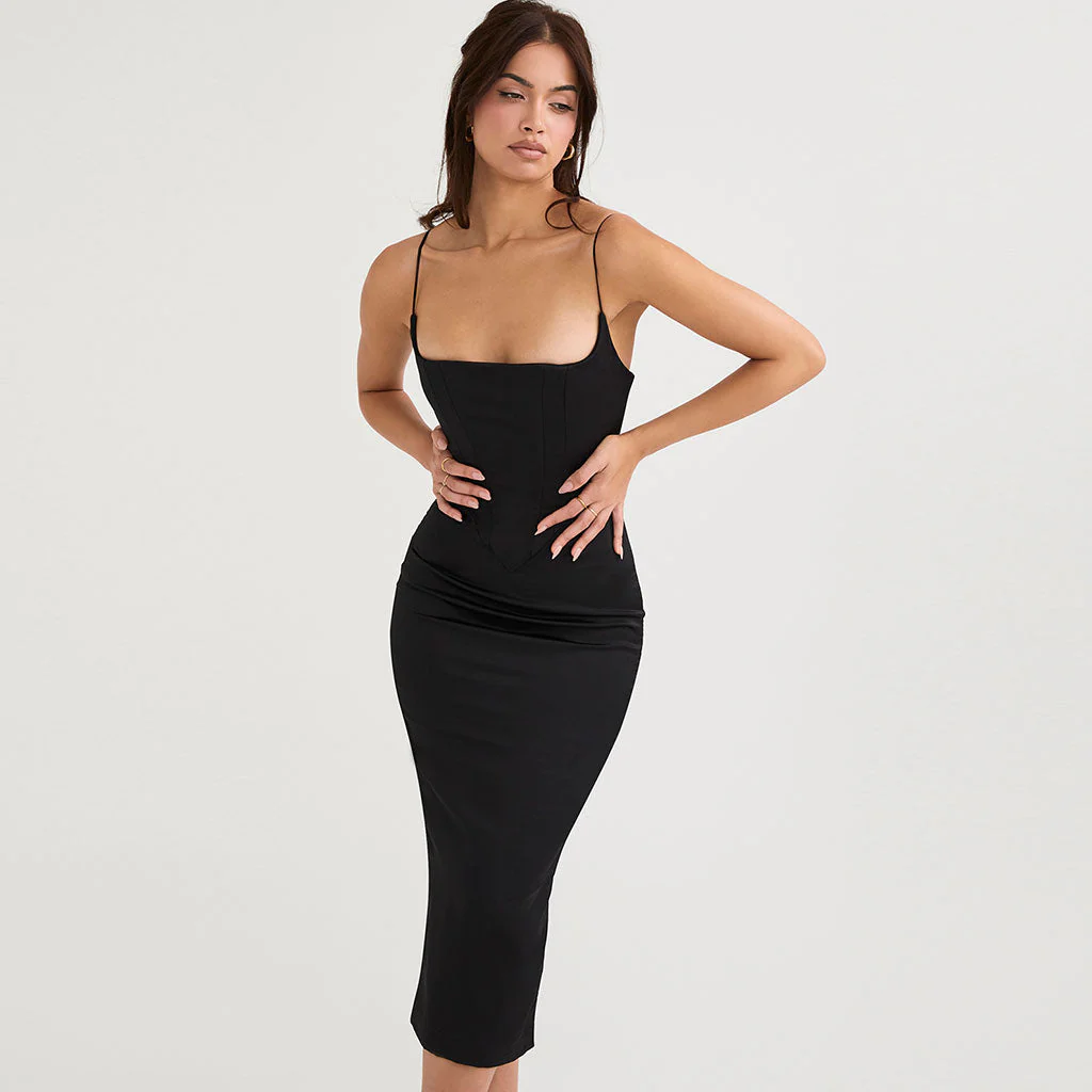 Luxury Square Neck Spaghetti Strap Satin Slip Midi Dress - Black - Image 2