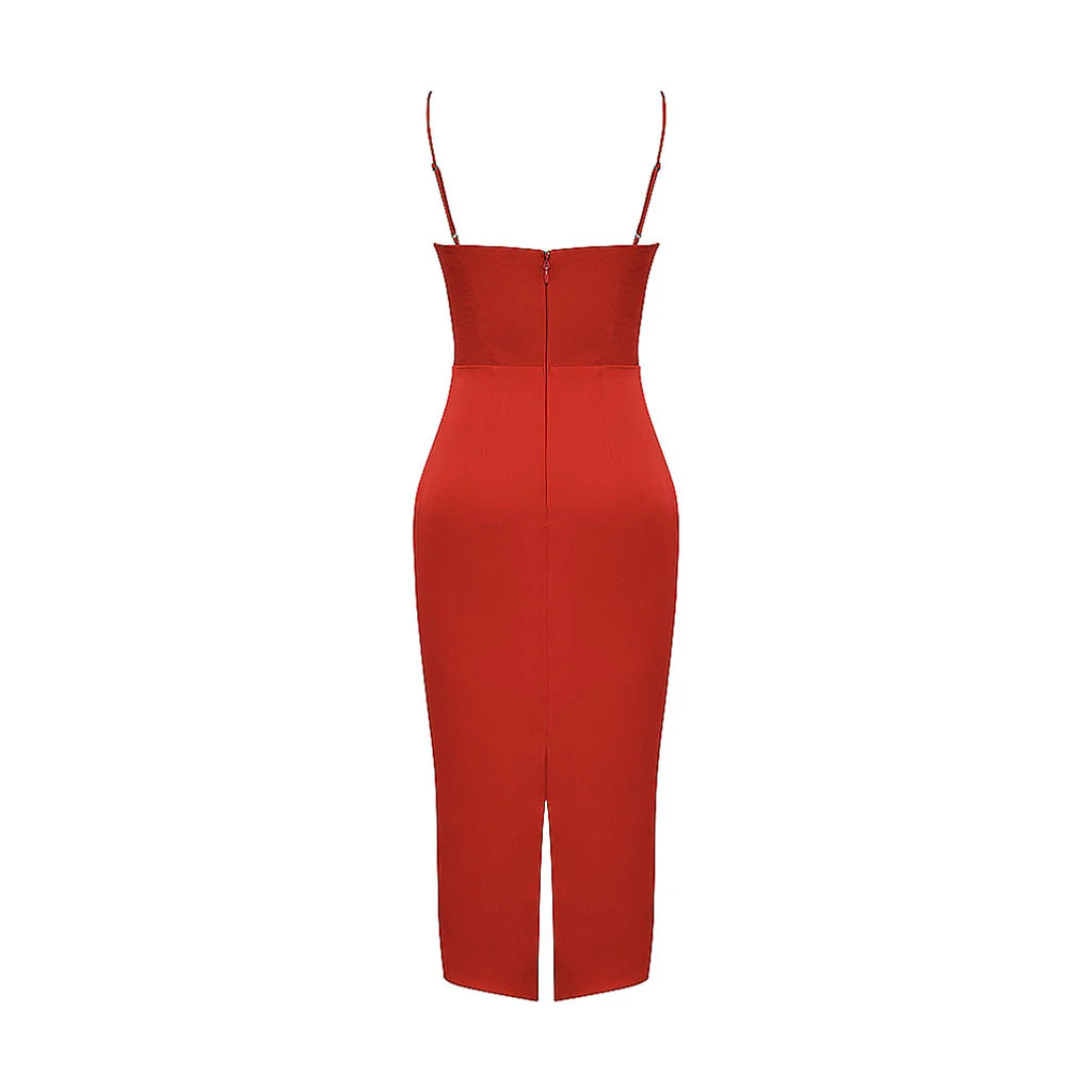 Luxury Square Neck Spaghetti Strap Satin Slip Midi Dress - Red - Image 4