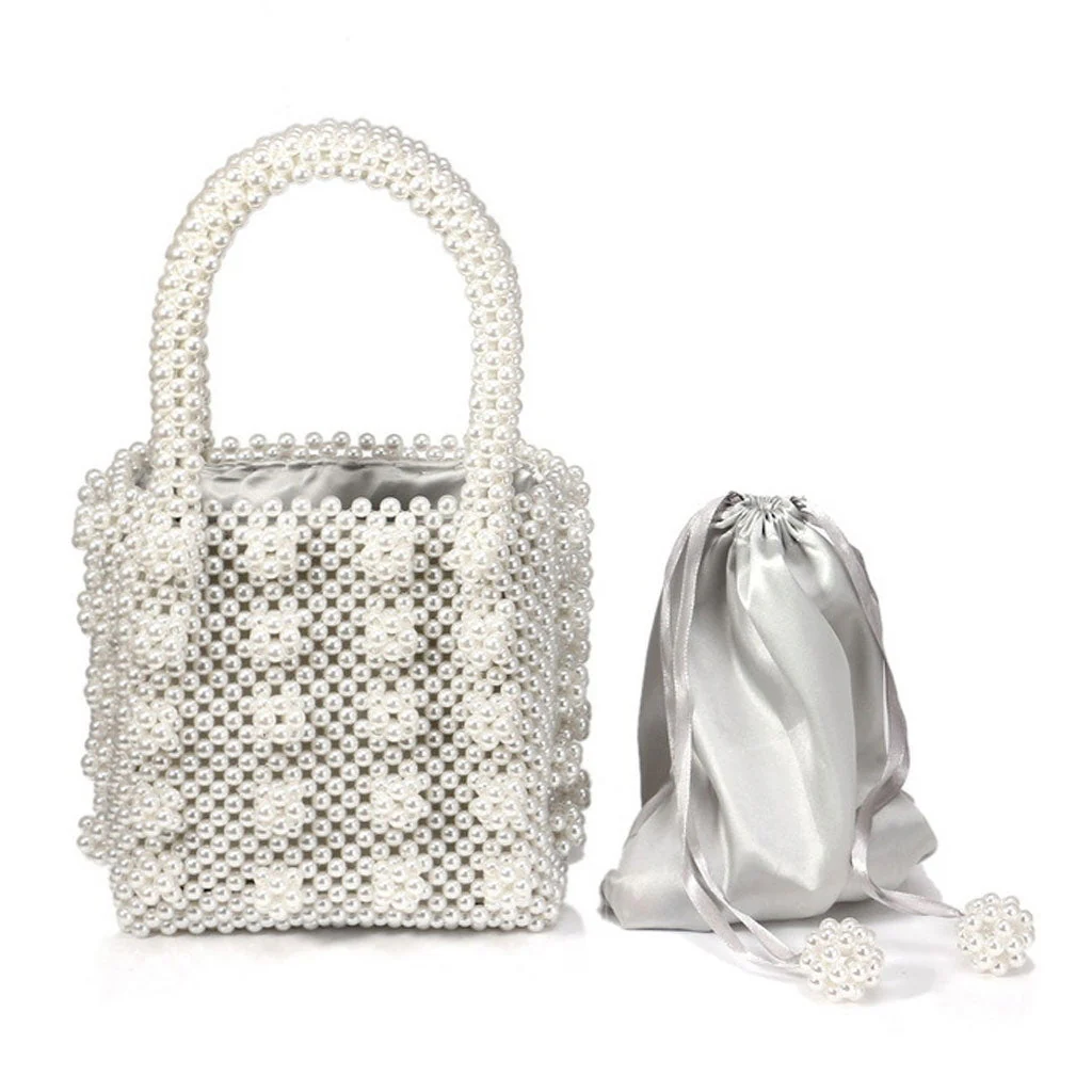 Luxury Square Top Handle Cluster Pearl Bucket Clutch Bag - White - Image 2