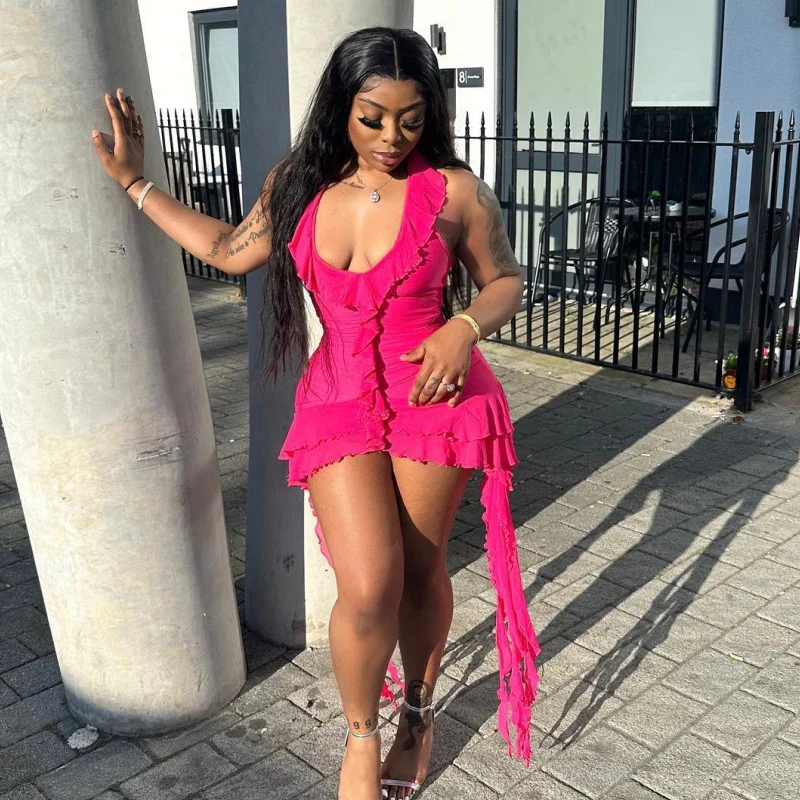 Magenta Ruffle Mini Dress