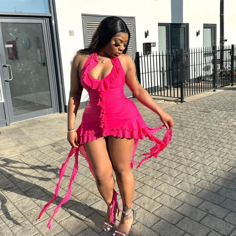 Magenta Ruffle Mini Dress - Image 2