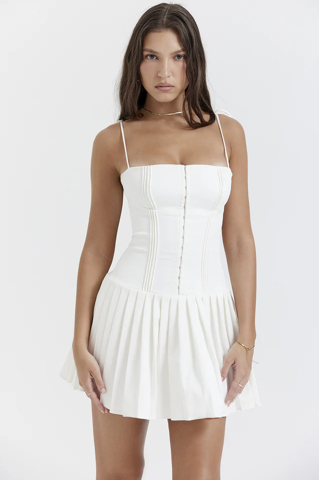 Marcy White Pleated Mini Dress - Image 4