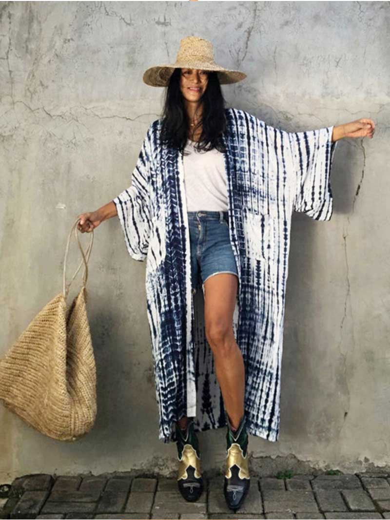 Tie-Dye Print Different Color Rayon Long Length Gown Kimono Duster Robe - Image 12