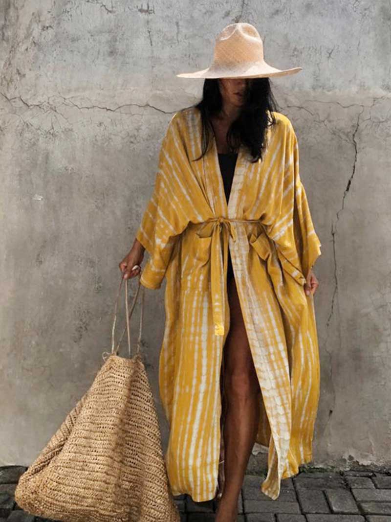Tie-Dye Print Different Color Rayon Long Length Gown Kimono Duster Robe - Image 13