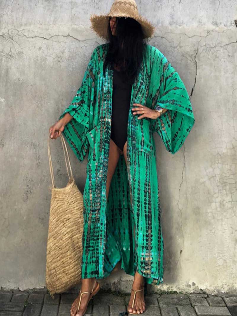 Tie-Dye Print Different Color Rayon Long Length Gown Kimono Duster Robe - Image 14