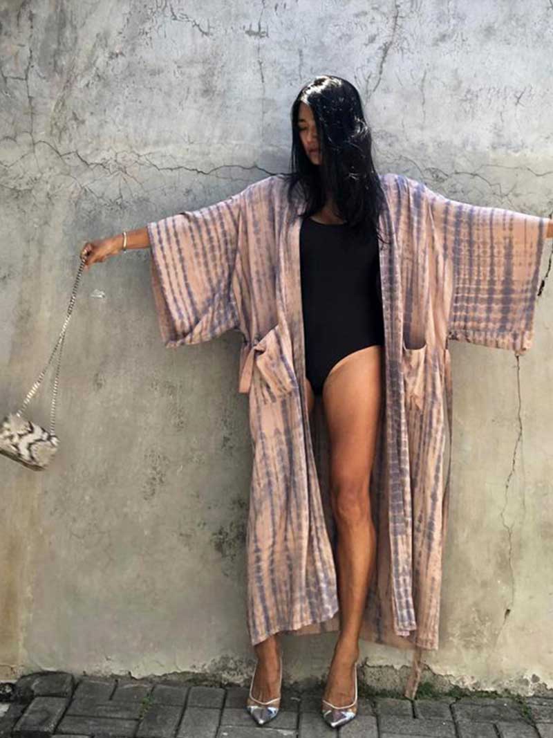 Tie-Dye Print Different Color Rayon Long Length Gown Kimono Duster Robe - Image 15