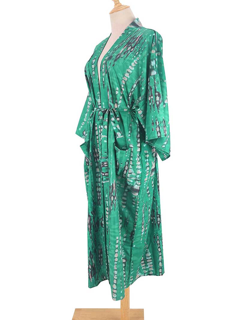 Tie-Dye Print Different Color Rayon Long Length Gown Kimono Duster Robe - Image 17