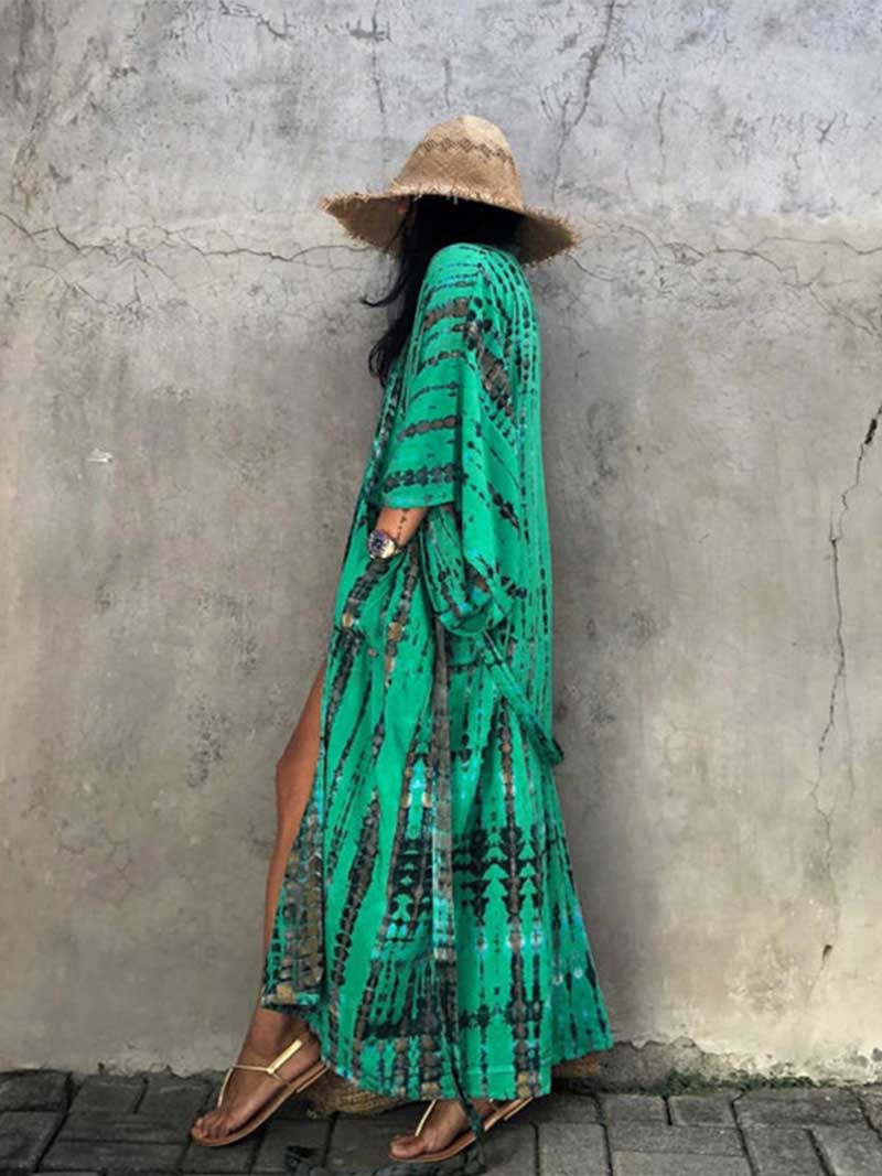 Tie-Dye Print Different Color Rayon Long Length Gown Kimono Duster Robe - Image 22