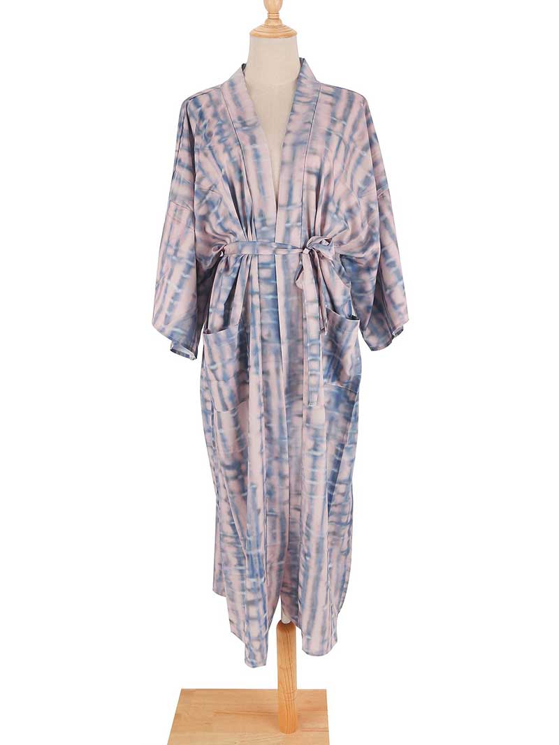 Tie-Dye Print Different Color Rayon Long Length Gown Kimono Duster Robe - Image 3
