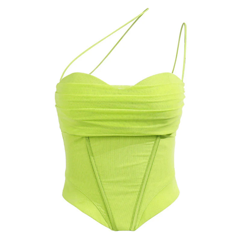 Mesh Fold Cowl Neck One Shoulder Bustier Corset Crop Tank Top - Grass Green - Image 4