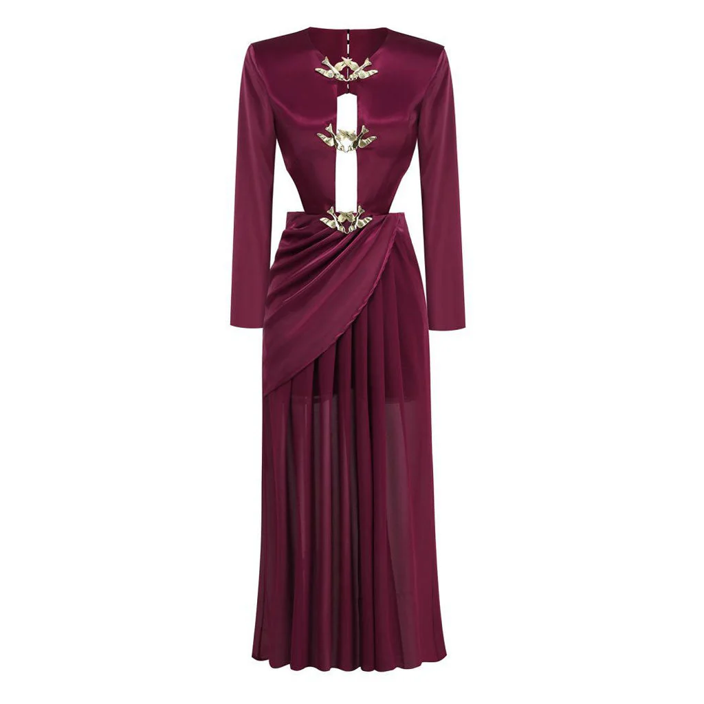 Metal Bird Detail Plunge Neck Long Sleeve CutOut Back Draped Split Maxi Evening Dress