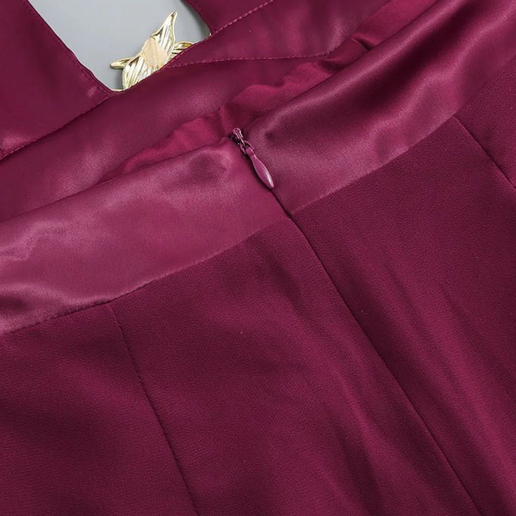 Metal Bird Detail Plunge Neck Long Sleeve CutOut Back Draped Split Maxi Evening Dress - Image 5