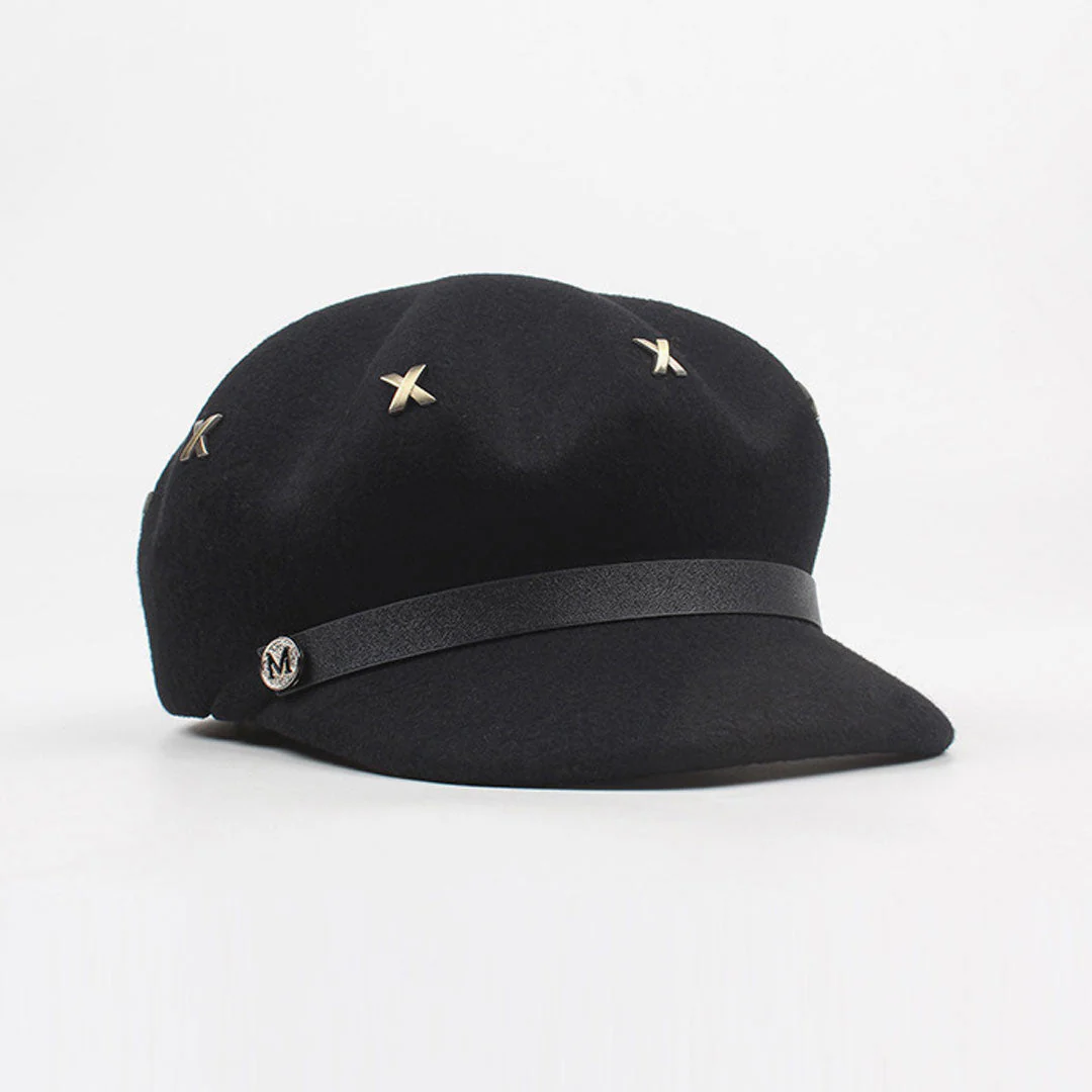 Classic Metal Cross Stud Embellishment Newsboy Hat - Black - Image 2