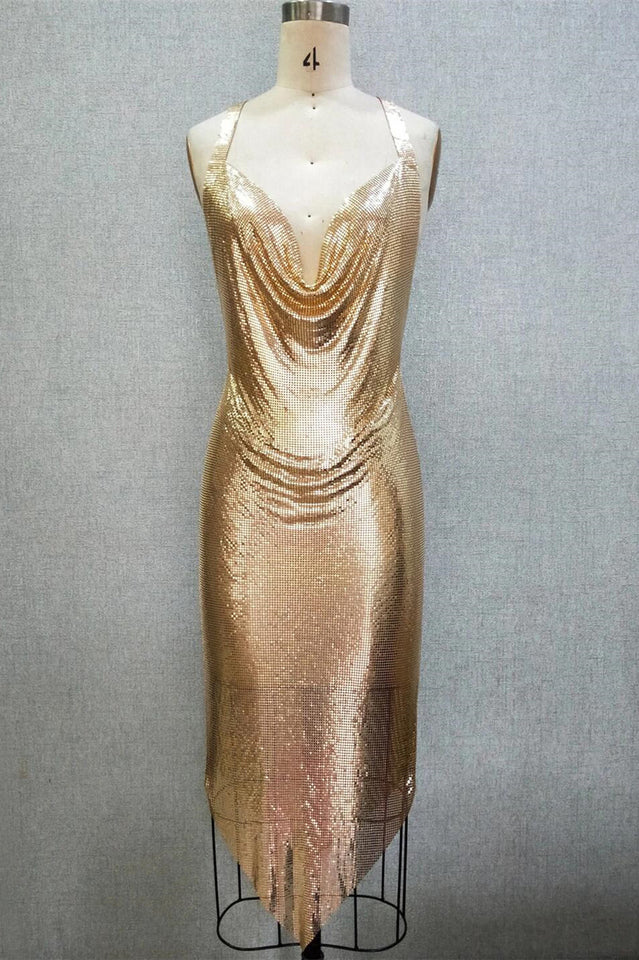 Metallic Backless Asymmetrical Midi Dress - Image 23