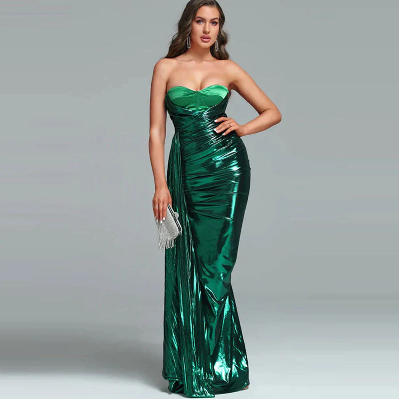 Metallic Draped Pleated Sweetheart Bustier Ruched Maxi Evening Dress - Green - Image 2