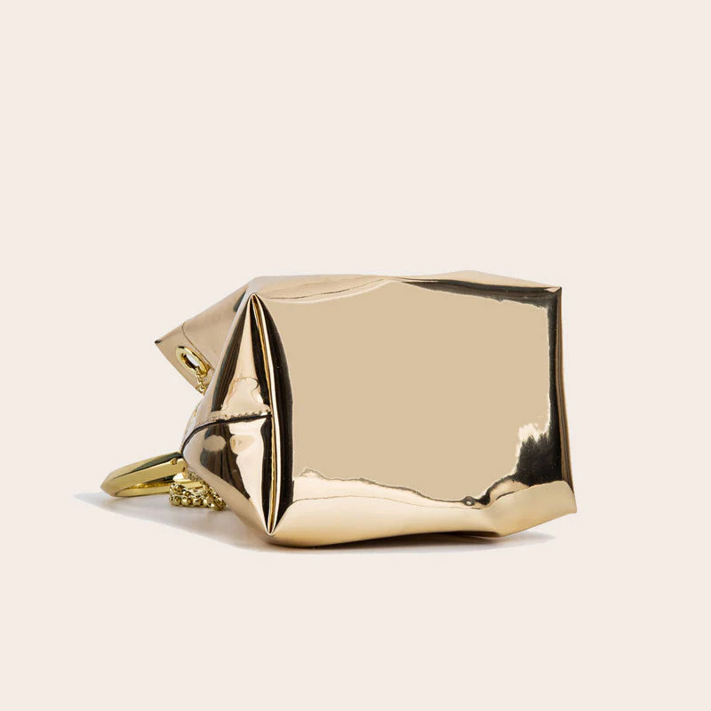 Metallic Faux Leather Ring Handle Drawstring Crossbody Bucket Bag - Gold - Image 3