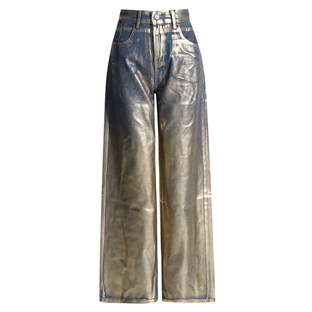 Metallic Foil Ombre High Waist Pocket Wide Leg Baggy Boyfriend Jeans - Image 2
