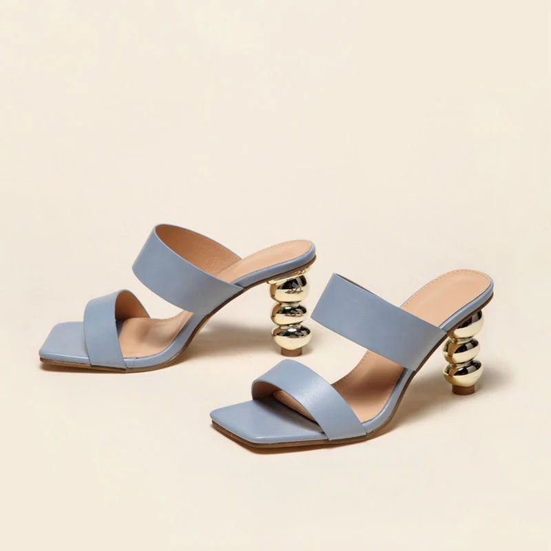 Metallic Geometric High Heel Square Toe Faux Leather Mule Sandals - Blue Grey - Image 2