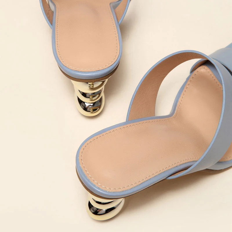 Metallic Geometric High Heel Square Toe Faux Leather Mule Sandals - Blue Grey - Image 4