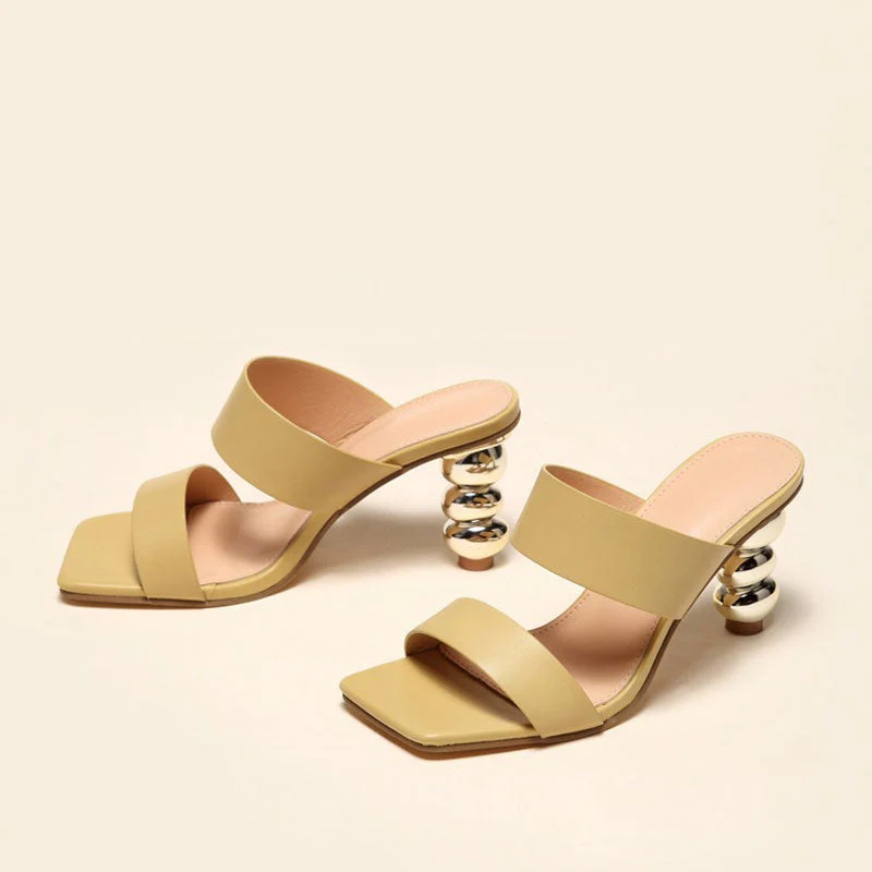 Metallic Geometric High Heel Square Toe Faux Leather Mule Sandals - Camel - Image 2