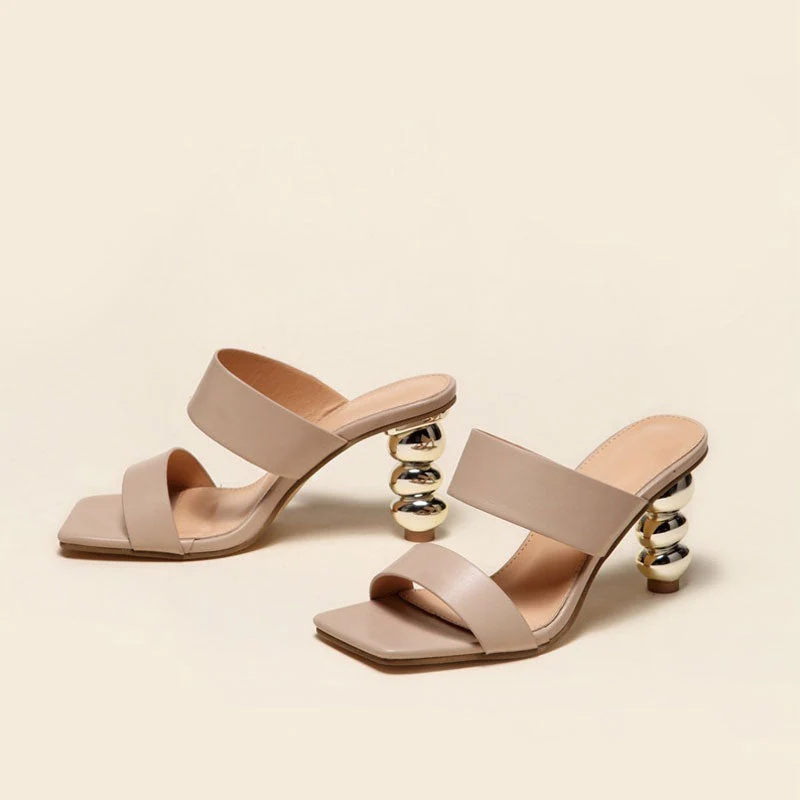 Metallic Geometric High Heel Square Toe Faux Leather Mule Sandals - Nude - Image 2