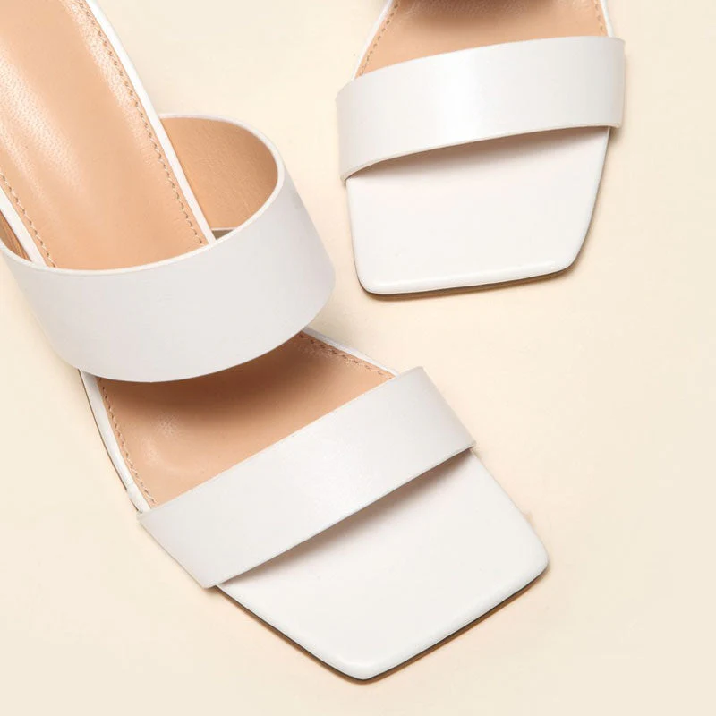Metallic Geometric High Heel Square Toe Faux Leather Mule Sandals - White - Image 3